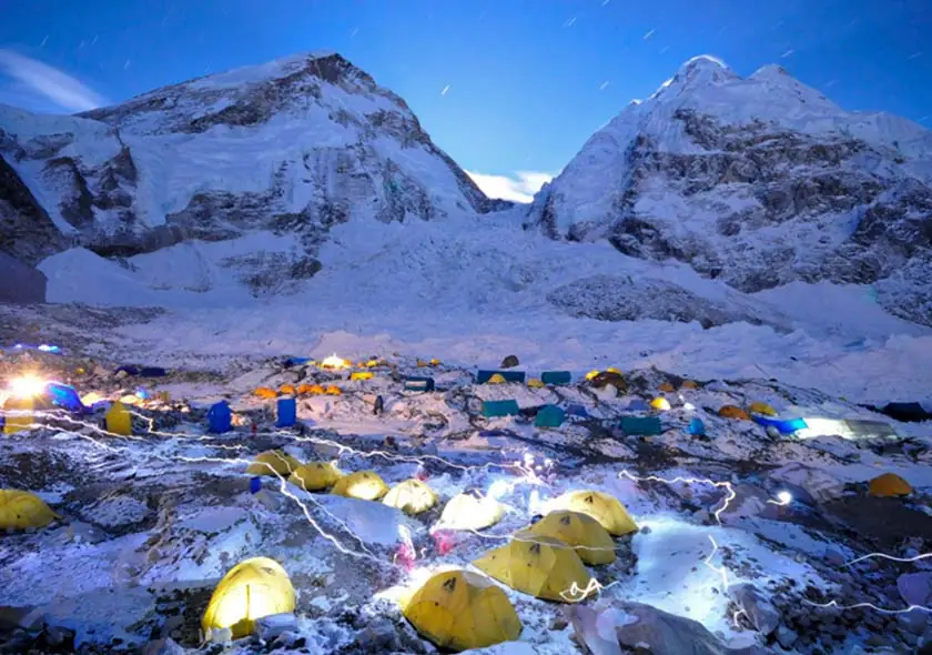 Headlamps and tents at Everest Base Camp on the Khumbu Glacier