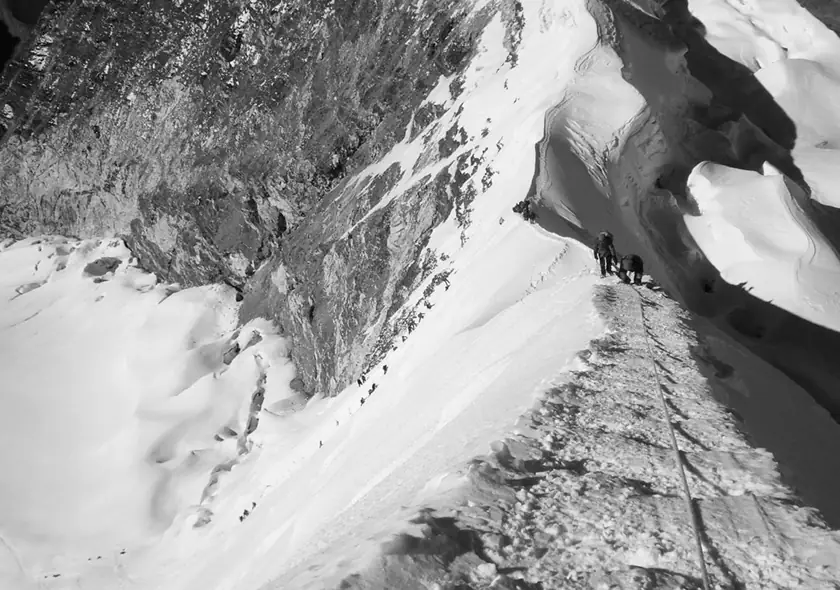 Climbers on the Island Peak summit ridge
